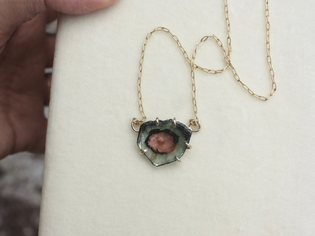 Raw Bicolor Watermelon Tourmaline Slice &#39;Heart&#39; Necklace Pendant, October Birthstone Necklace Pendant