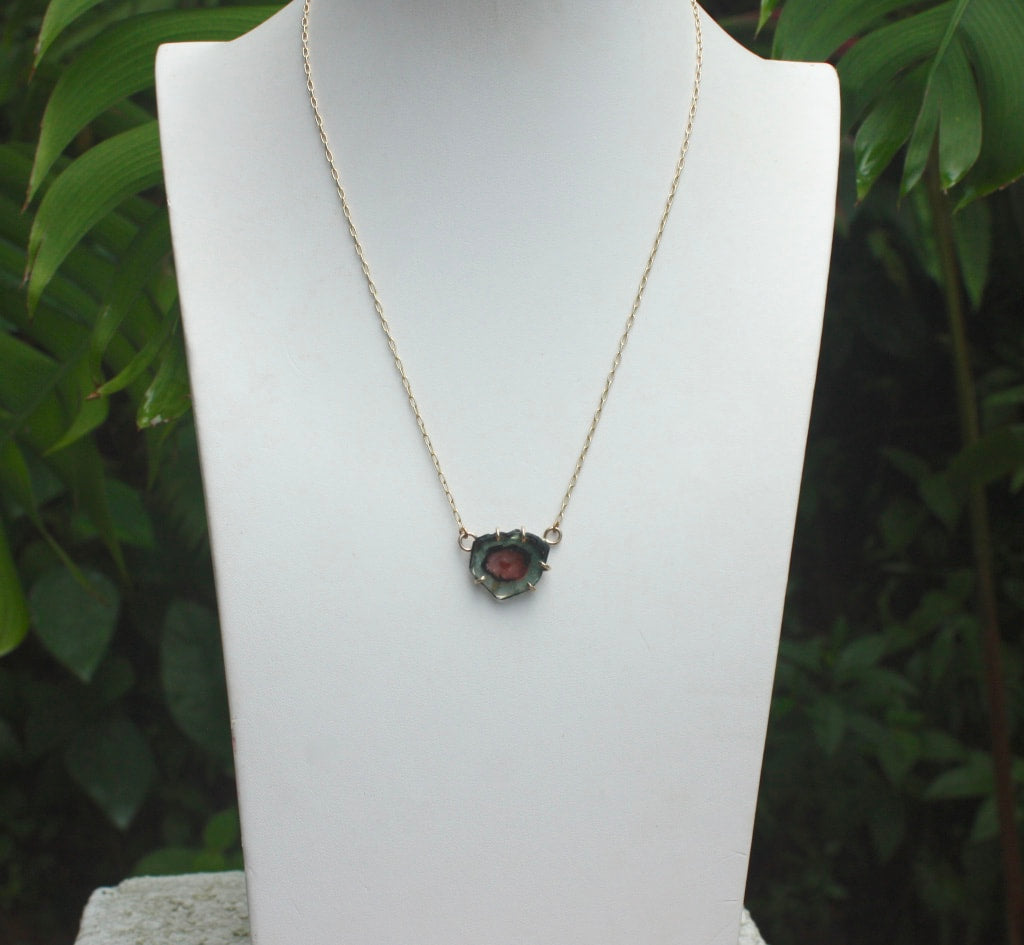 Raw Bicolor Watermelon Tourmaline Slice &#39;Heart&#39; Necklace Pendant, October Birthstone Necklace Pendant