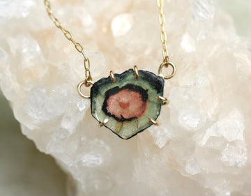 Raw Bicolor Watermelon Tourmaline Slice 'Heart' Necklace Pendant, October Birthstone Necklace Pendant