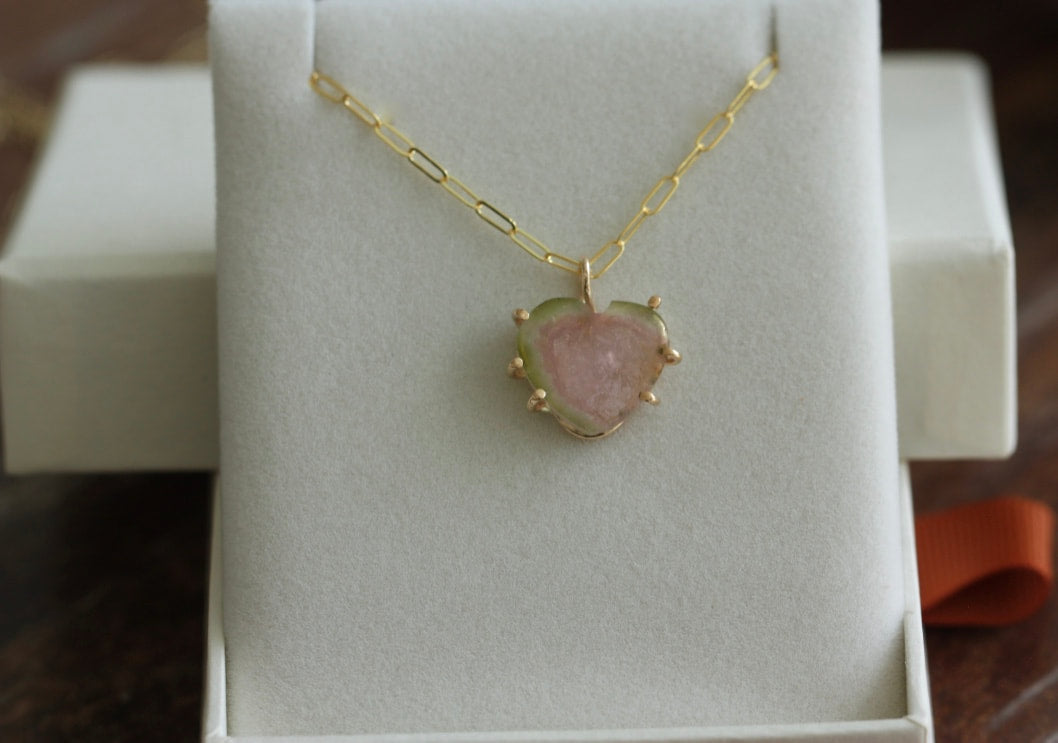 Raw Watermelon Bi-color Tourmaline Slice Heart Pendant Necklace, October Birthstone Pendant Necklace