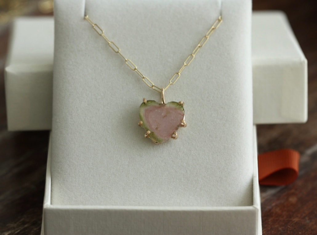 Raw Watermelon Bi-color Tourmaline Slice Heart Pendant Necklace, October Birthstone Pendant Necklace