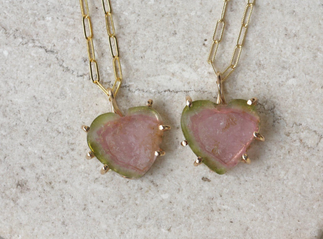 Raw Watermelon Bi-color Tourmaline Slice Heart Pendant Necklace, October Birthstone Pendant Necklace