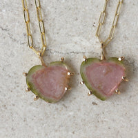 Raw Watermelon Bi-color Tourmaline Slice Heart Pendant Necklace, October Birthstone Pendant Necklace