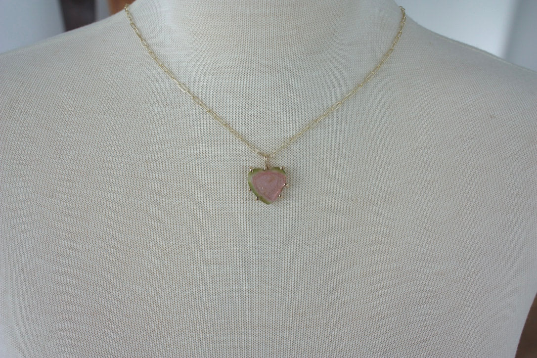 Raw Watermelon Bi-color Tourmaline Slice Heart Pendant Necklace, October Birthstone Pendant Necklace