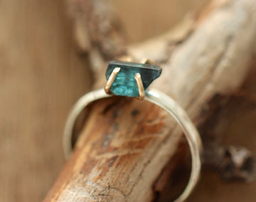 Raw Indicolite Blue Tourmaline Ring, Natural Indicolite Tourmaline Crystal Ring, October Birthstone Ring