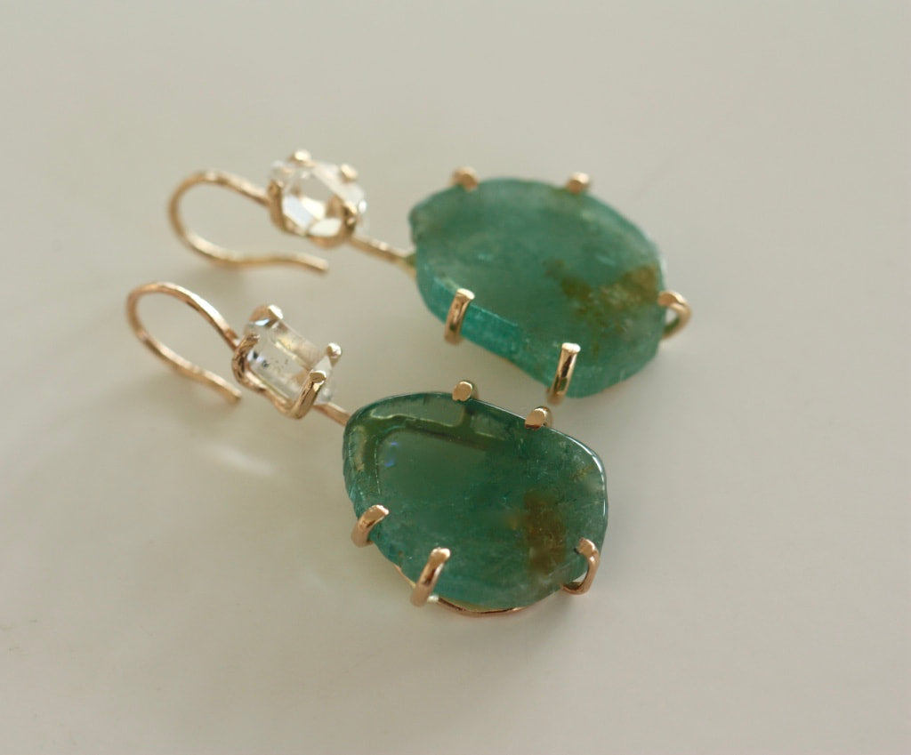 Green Bi-Color Tourmaline and Herkimer Diamond Earrings