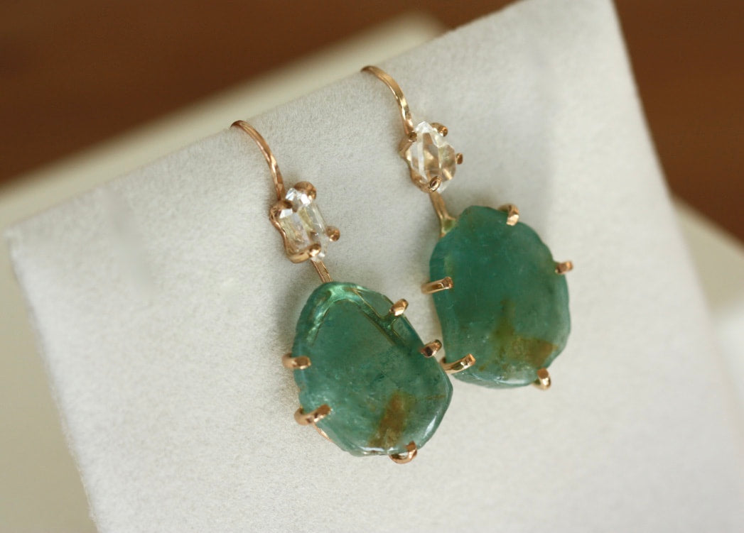 Green Bi-Color Tourmaline and Herkimer Diamond Earrings