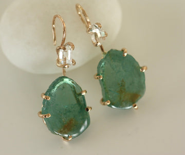 Green Bi-Color Tourmaline and Herkimer Diamond Earrings