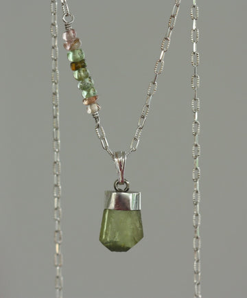 Olive Green Tourmaline Crystal Point Pendant Necklace