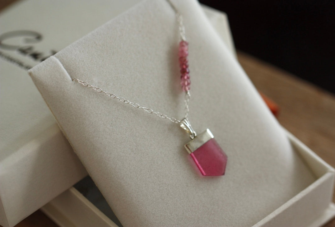 Pink Rubellite Tourmaline Crystal Point Pendant Necklace