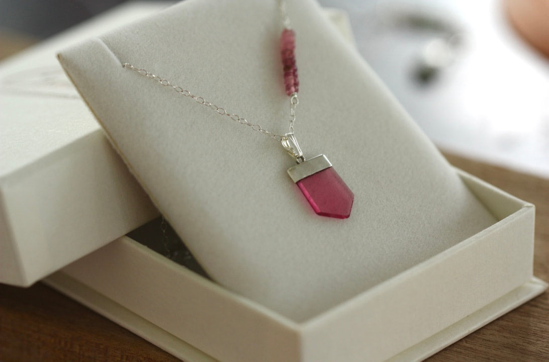 Pink Rubellite Tourmaline Crystal Point Pendant Necklace