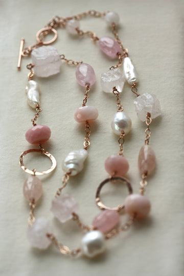 Long Pink Multi Gemstone and Pearl Necklace