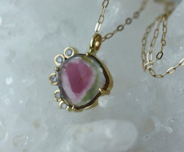 Bi-Color Watermelon Tourmaline and Diamonds Pendant Necklace, October Birthstone Necklace