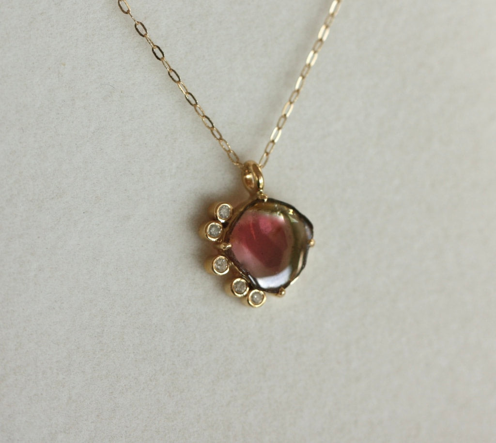 Bi-Color Watermelon Tourmaline and Diamonds Pendant Necklace, October Birthstone Necklace