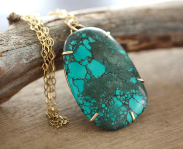 Large Natural Tibetan Turquoise Pendant Necklace, December Birthstone Pendant Necklace