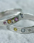 Diamond and Multi Color Sapphire Hammered Sterling Silver Ring, Wedding Engagement Ring, September Birthstone Ring