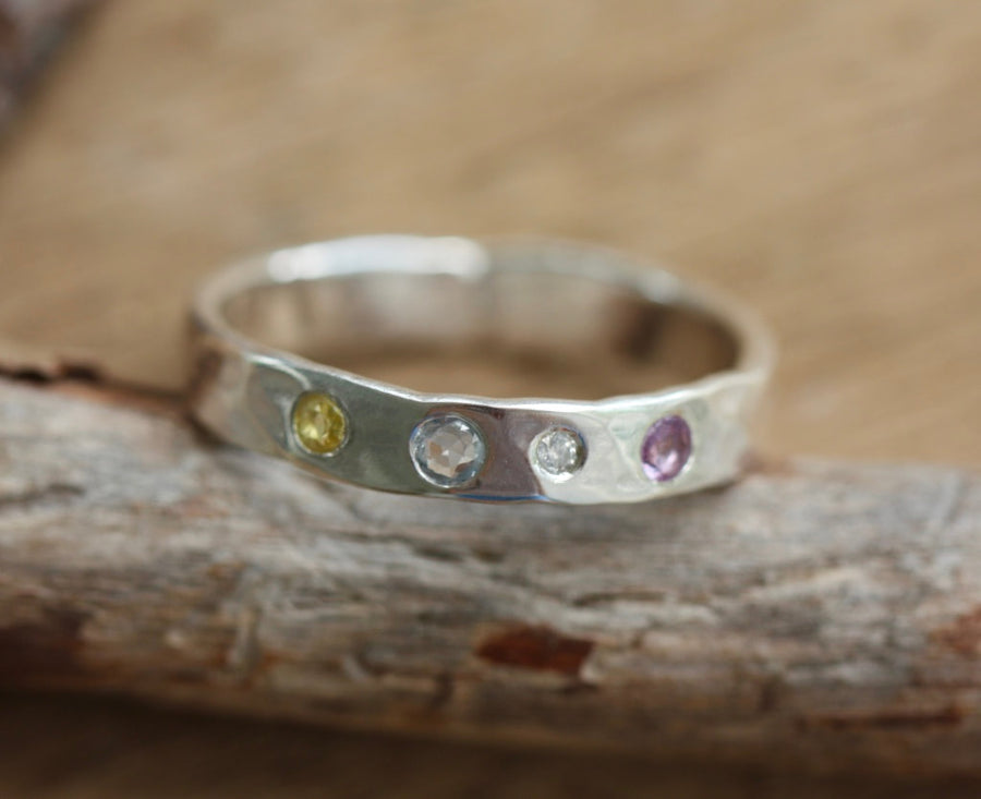 Diamond and Multi Color Sapphire Hammered Sterling Silver Ring, Wedding Engagement Ring, September Birthstone Ring