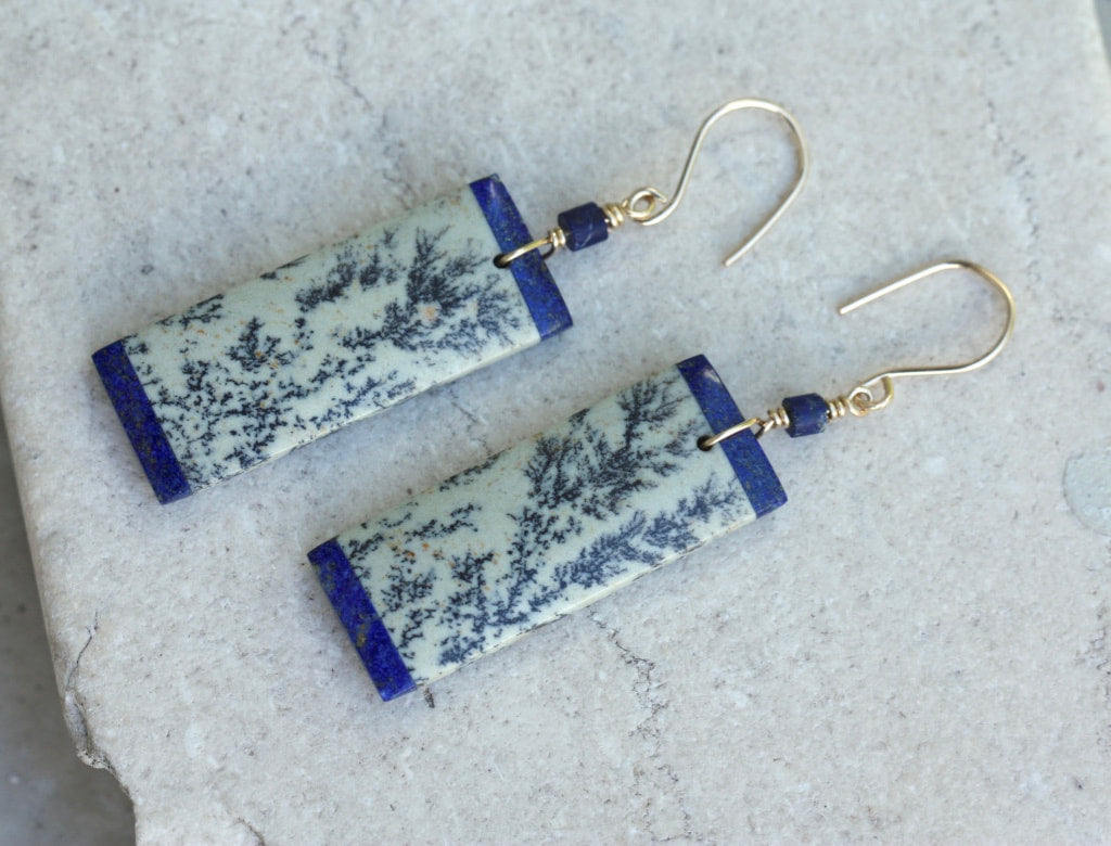Sapling Jasper and Lapis Lazuli Intarsia Long Earrings, September and March Birthstone Earrings