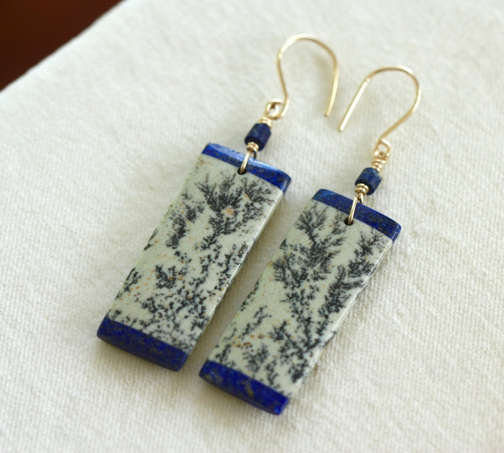 Sapling Jasper and Lapis Lazuli Intarsia Long Earrings, September and March Birthstone Earrings