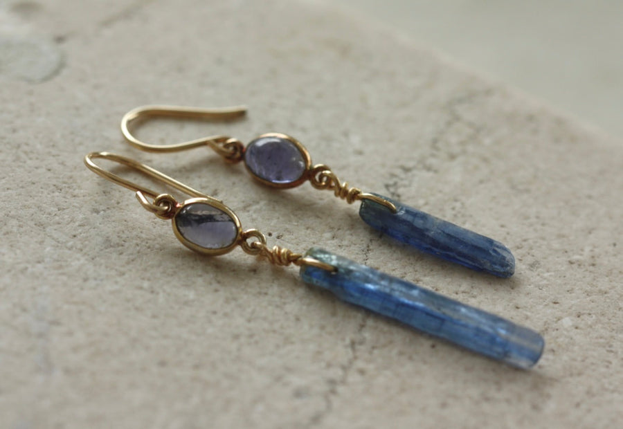 Raw Blue Kyanite Stick and Iolite  Earrings