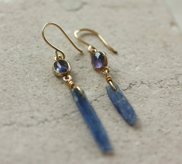 Raw Blue Kyanite Stick and Iolite  Earrings