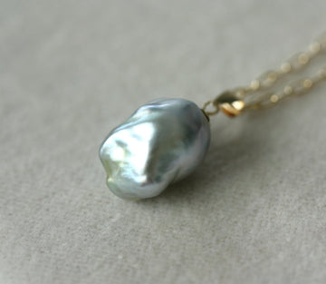 Natural Bicolor Silver Blue and Gold South Sea Baroque Pearl Necklace Pendant, June Birthstone Pendant Necklace