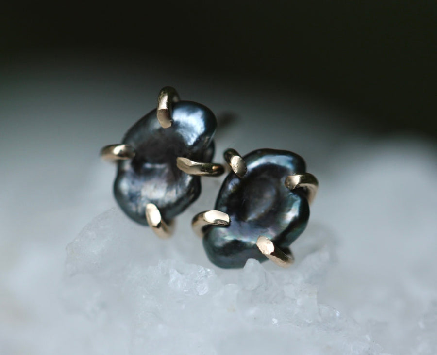 Tahitian Keshi Pearl Stud Earrings, Tahitian Black Pearl Post Earrings with Gold Prongs, June Birthstone Earrings