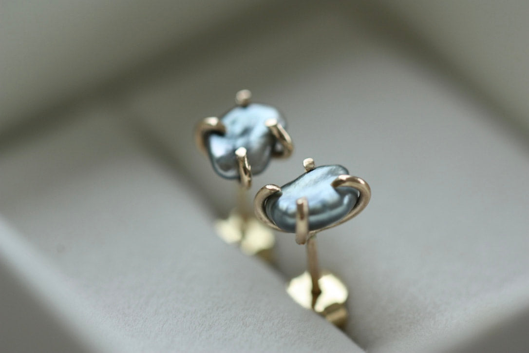 Tahitian Keshi Pearl Stud Earrings, Tahitian Pearl Post Earrings with Gold Prongs, June Birthstone Earrings