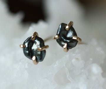 Tahitian Keshi Pearl Stud Earrings, Tahitian Black Pearl Post Earrings with Gold Prongs, June Birthstone Earrings