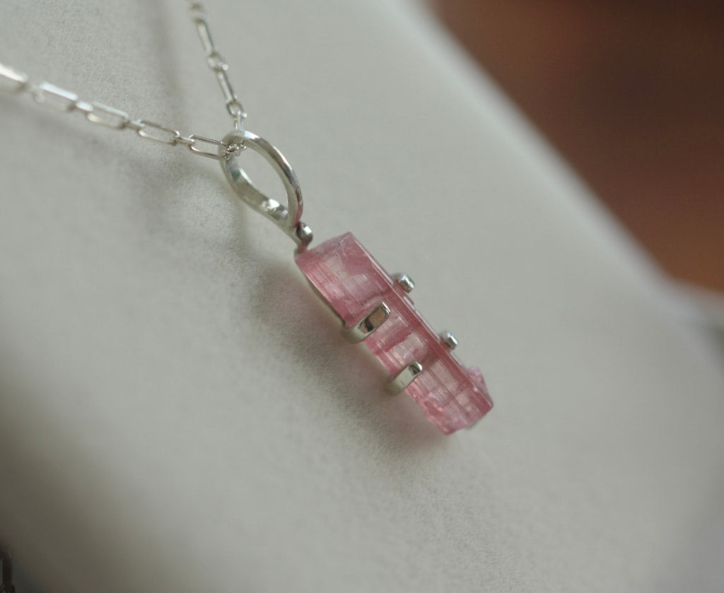 Raw Soft Pink Tourmaline Pendant Necklace, October Birthstone Pendant Necklace