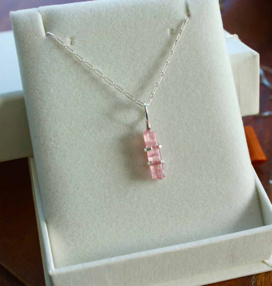 Raw Soft Pink Tourmaline Pendant Necklace, October Birthstone Pendant Necklace