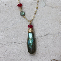 Labradorite and Ruby Long Necklace, 14k Gold Filled