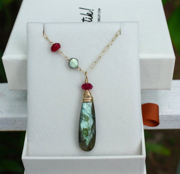 Labradorite and Ruby Long Necklace, 14k Gold Filled