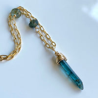 Raw Indicolite Blue Tourmaline Crystal Point Pendant Necklace, October Birthstone Pendant Necklace