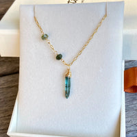 Raw Indicolite Blue Tourmaline Crystal Point Pendant Necklace, October Birthstone Pendant Necklace