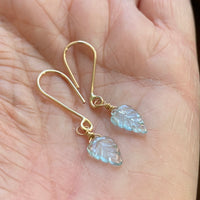 Aquamarine Carved Leaf Earrings, March Birthstone Earrings