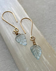 Aquamarine Carved Leaf Earrings, March Birthstone Earrings