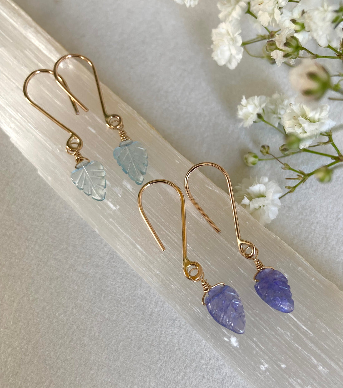 Tanzanite Carved Leaf Earrings